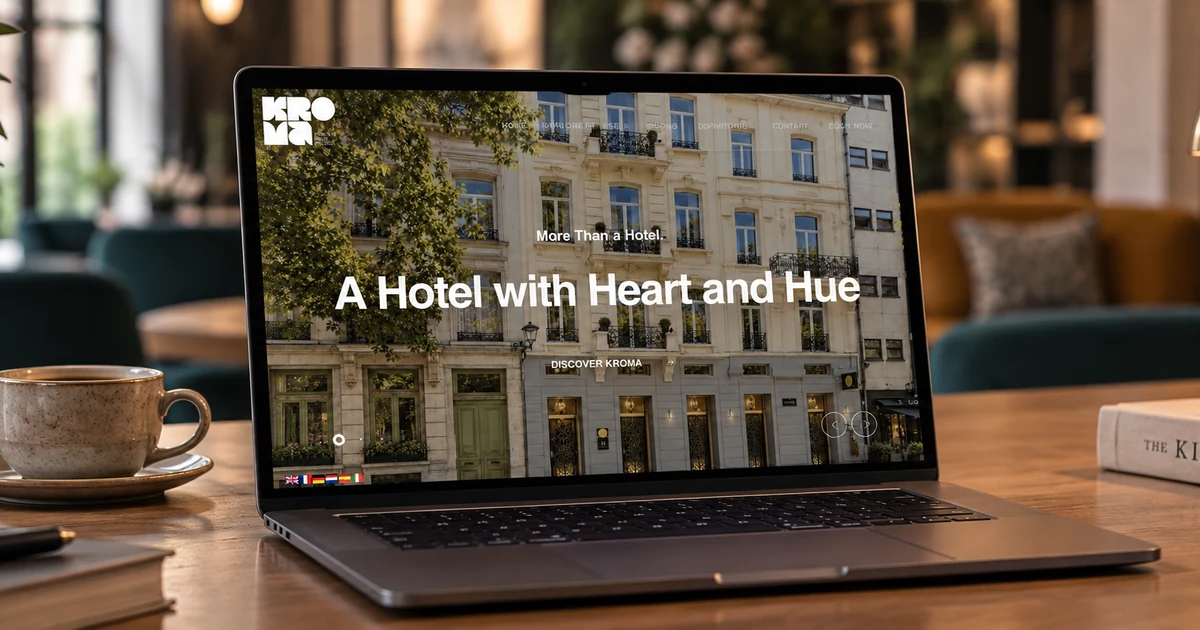 Website KROMA Hotel Brussels apresentado num portátil num ambiente de hotel